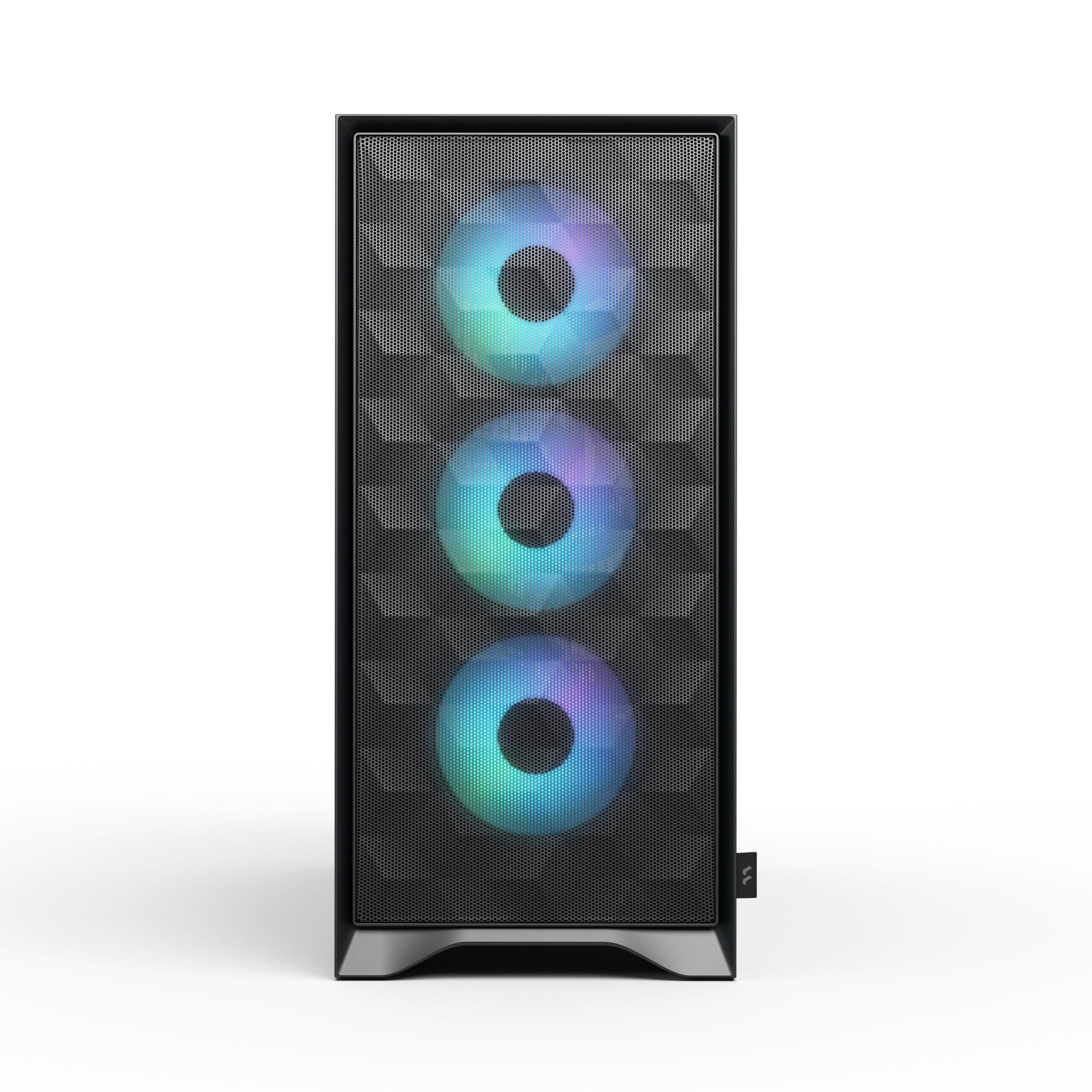 Una caja de ordenador negra con tres ventiladores iluminados en tonos azules y verdes.