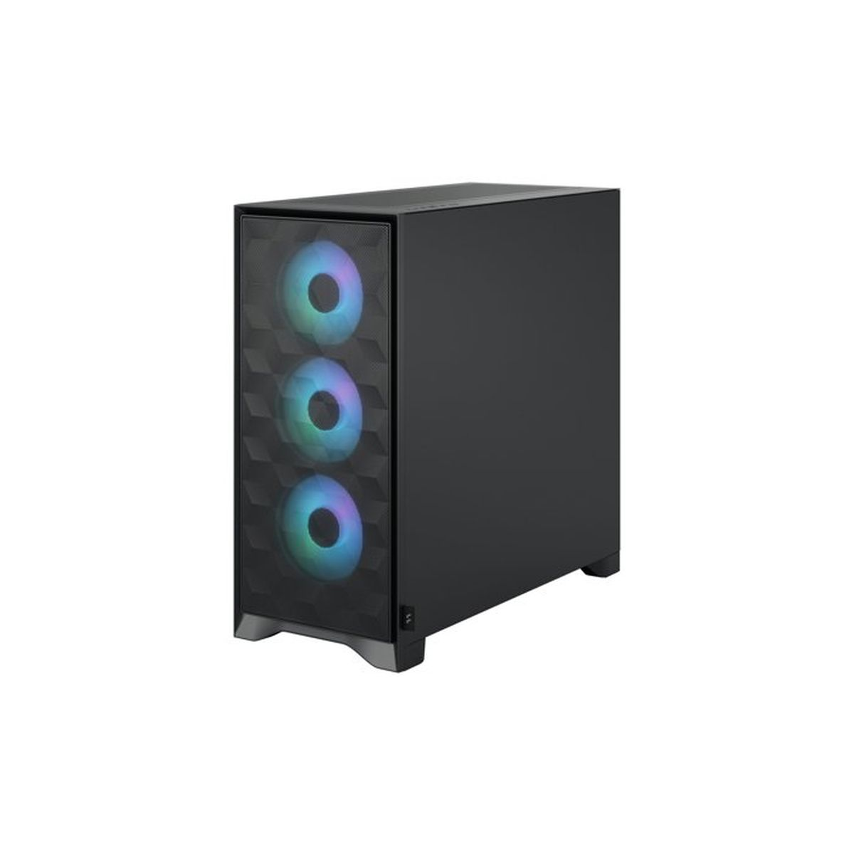 Una caja de computadora negra con tres ventiladores iluminados al frente.