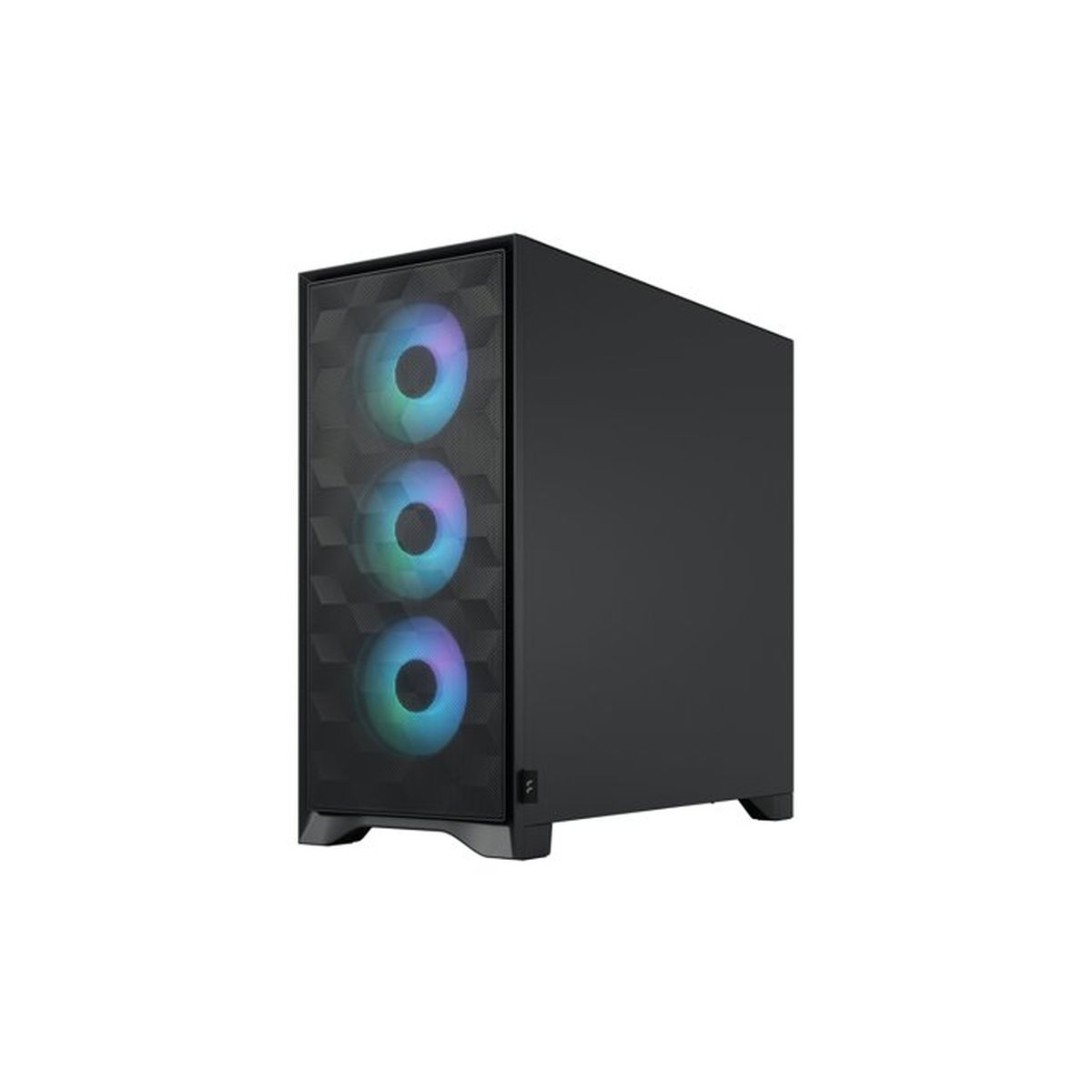 Caja de ordenador negra con tres ventiladores RGB frontales.