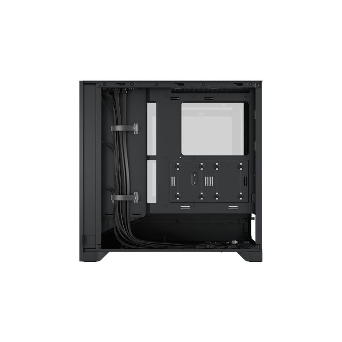 Vista trasera de una caja de PC negra con gestión de cables y placas de montaje.