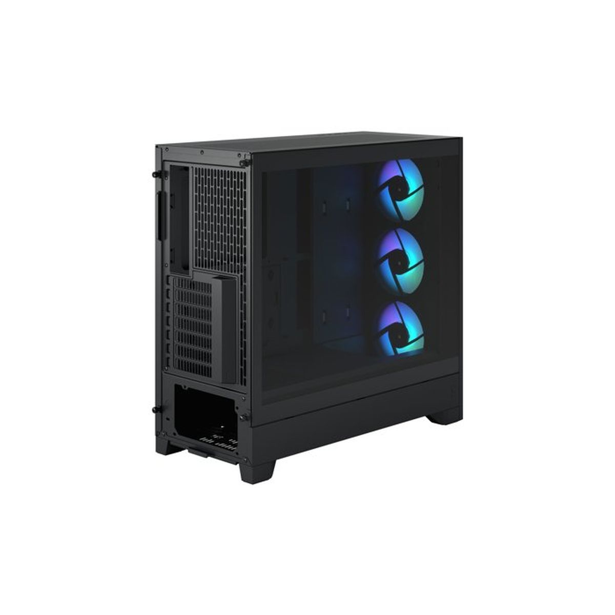 Caja de PC negra con frontal de cristal y tres ventiladores iluminados.