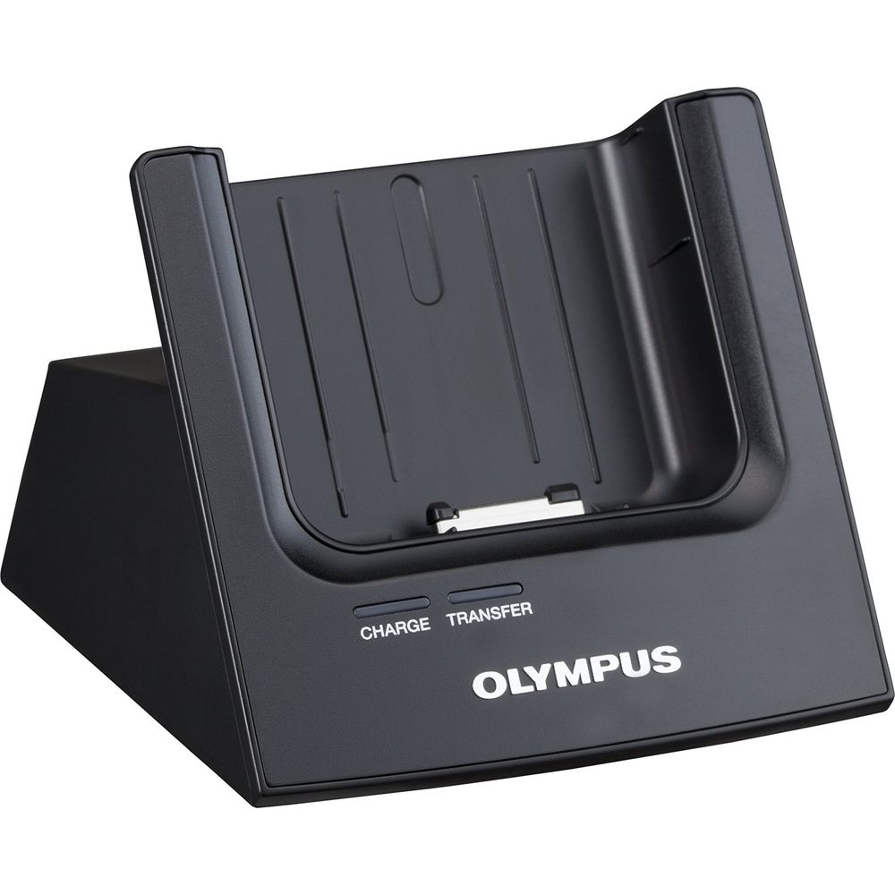 Schwarzer Olympus Dockingständer mit Lade- und Übertragungsanzeigen.