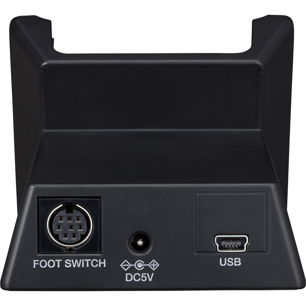 Schwarzer Ständer mit Anschlüssen für Fußschalter, DC5V und USB.