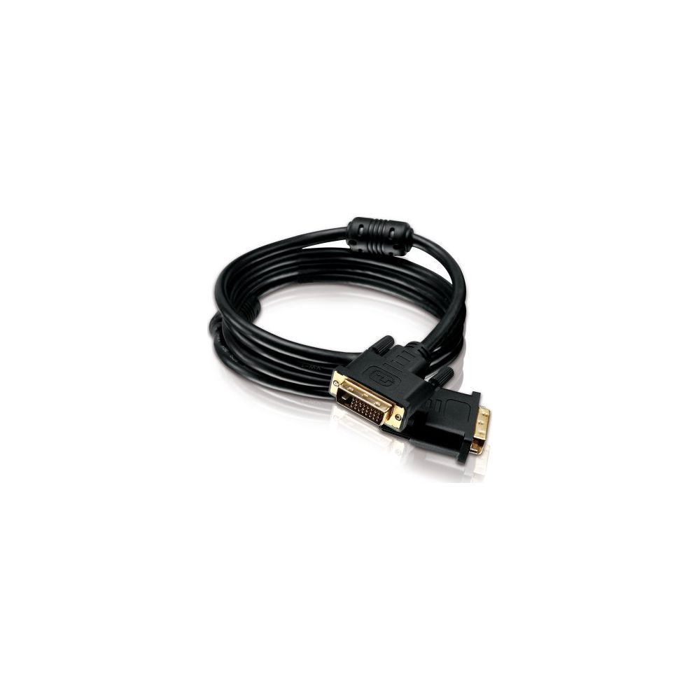 Schwarzes DVI-Kabel mit goldenen Anschlüssen auf weißem Hintergrund.