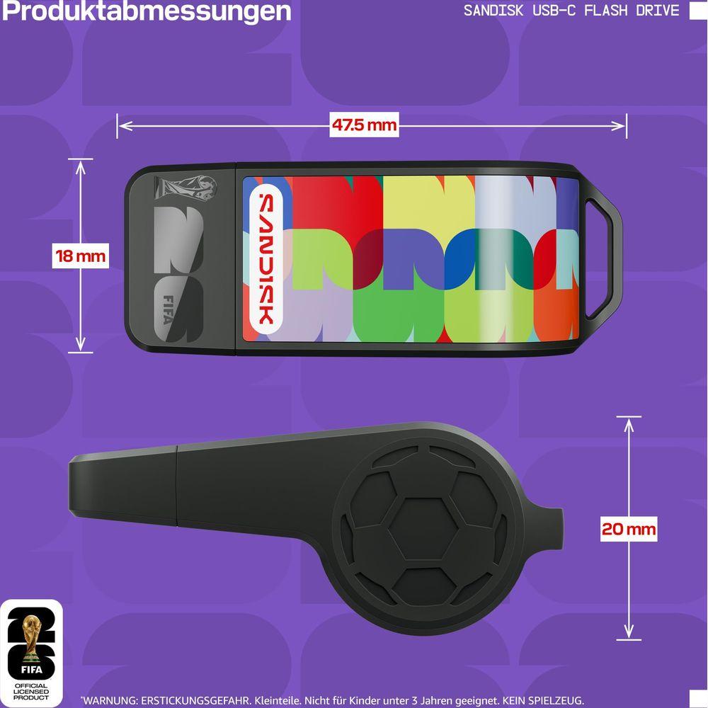 Pen drive USB-C Sandisk con logo FIFA e motivo colorato. Dimensioni: 47,5x18mm.