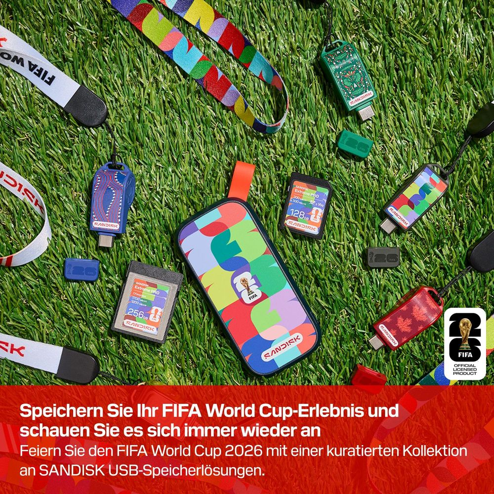 Chiavette USB Sandisk e logo FIFA World Cup sull'erba. Vari colori.