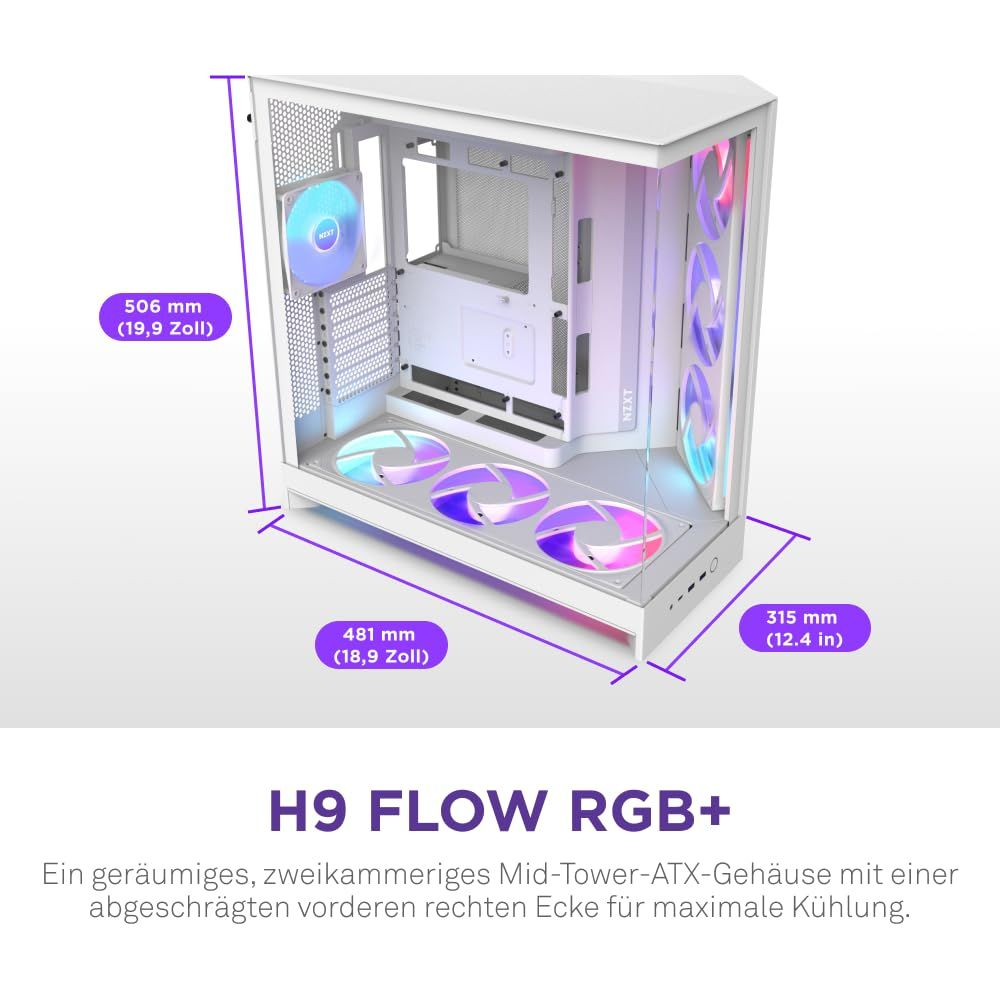 Ein weißes NZXT H9 Flow PC-Gehäuse mit RGB-Lüftern und Maßangaben.