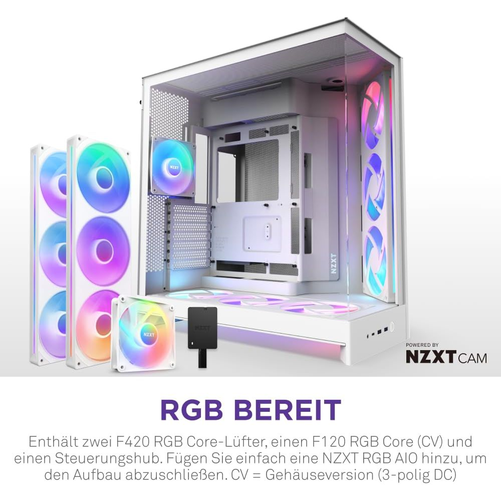 Ein weißer PC-Gehäuse mit RGB-Lüftern und Komponenten. Rechts ist das Gehäuse zu sehen.