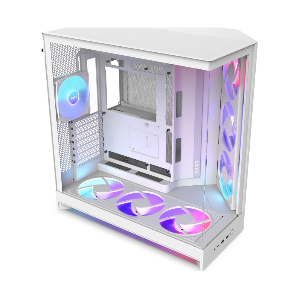 Ein weißes Computergehäuse mit RGB-Lüftern und Glasfront.