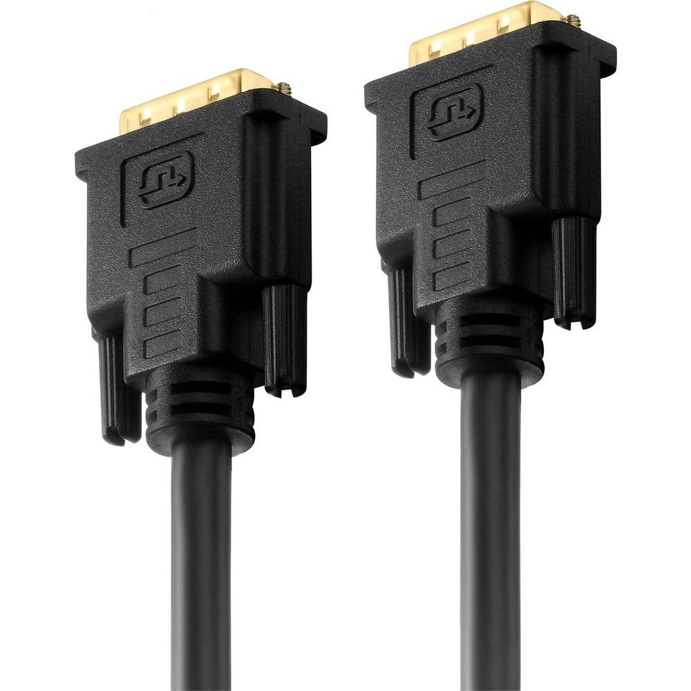 Zwei schwarze DVI-Kabelstecker mit goldenen Anschlüssen auf weißem Hintergrund.