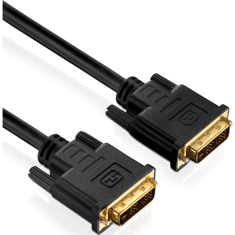 Zwei schwarze DVI-Kabel mit goldenen Steckern auf weißem Hintergrund.