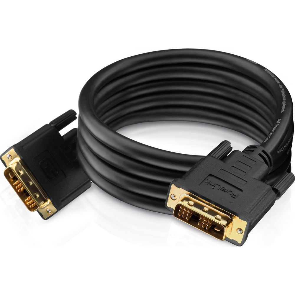 Schwarzes DVI-Kabel mit zwei goldenen Anschlüssen, auf weißem Hintergrund.
