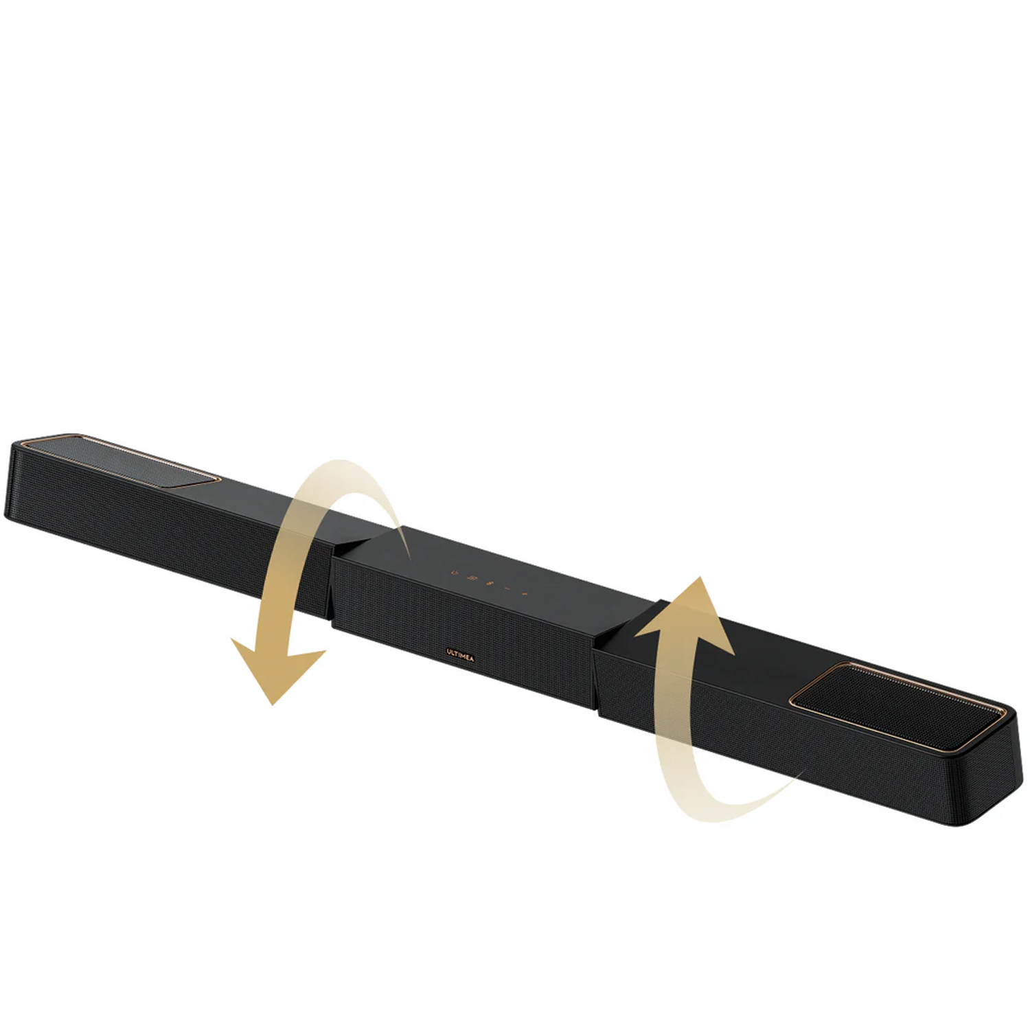 Barre de son modulaire noire avec accents dorés et flèches indiquant l'expansion.