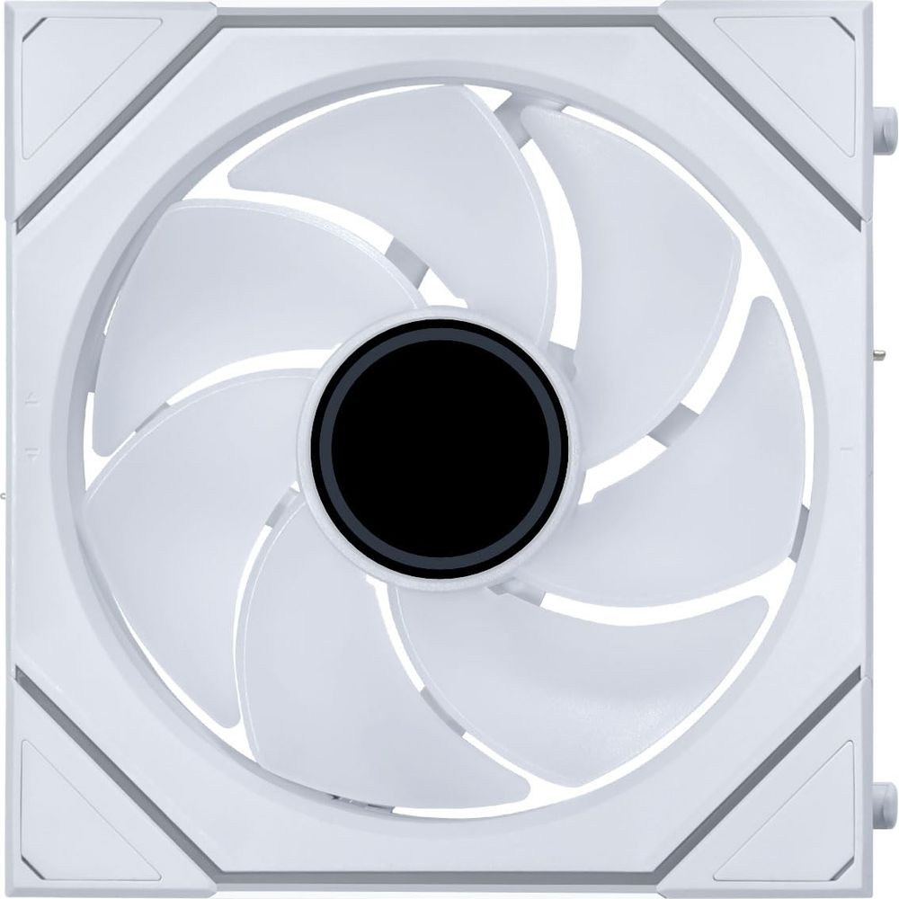 Un ventilateur PC blanc avec moyeu noir et pales translucides.