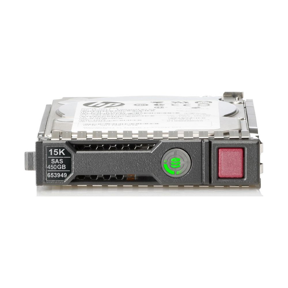 Disco rigido argentato con etichetta nera che mostra 15K SAS 450GB.