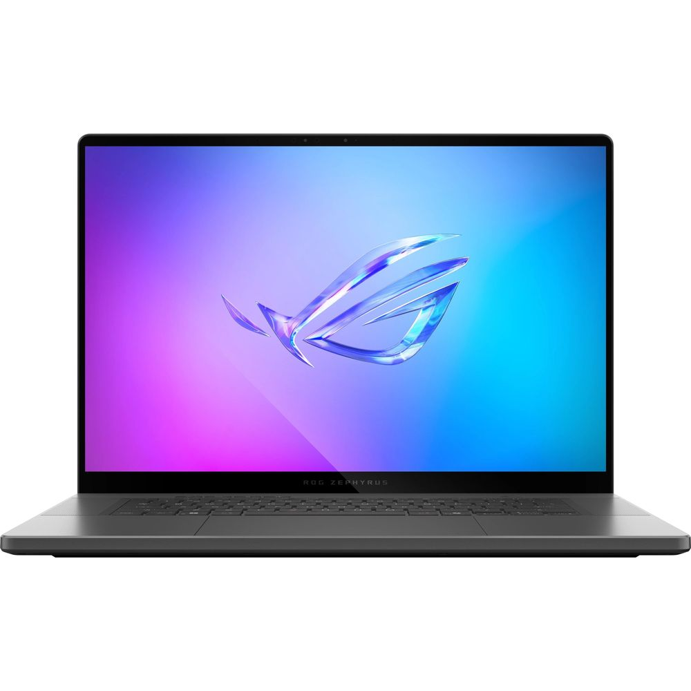 Un laptop grigio con sfondo blu e viola e il logo ROG.