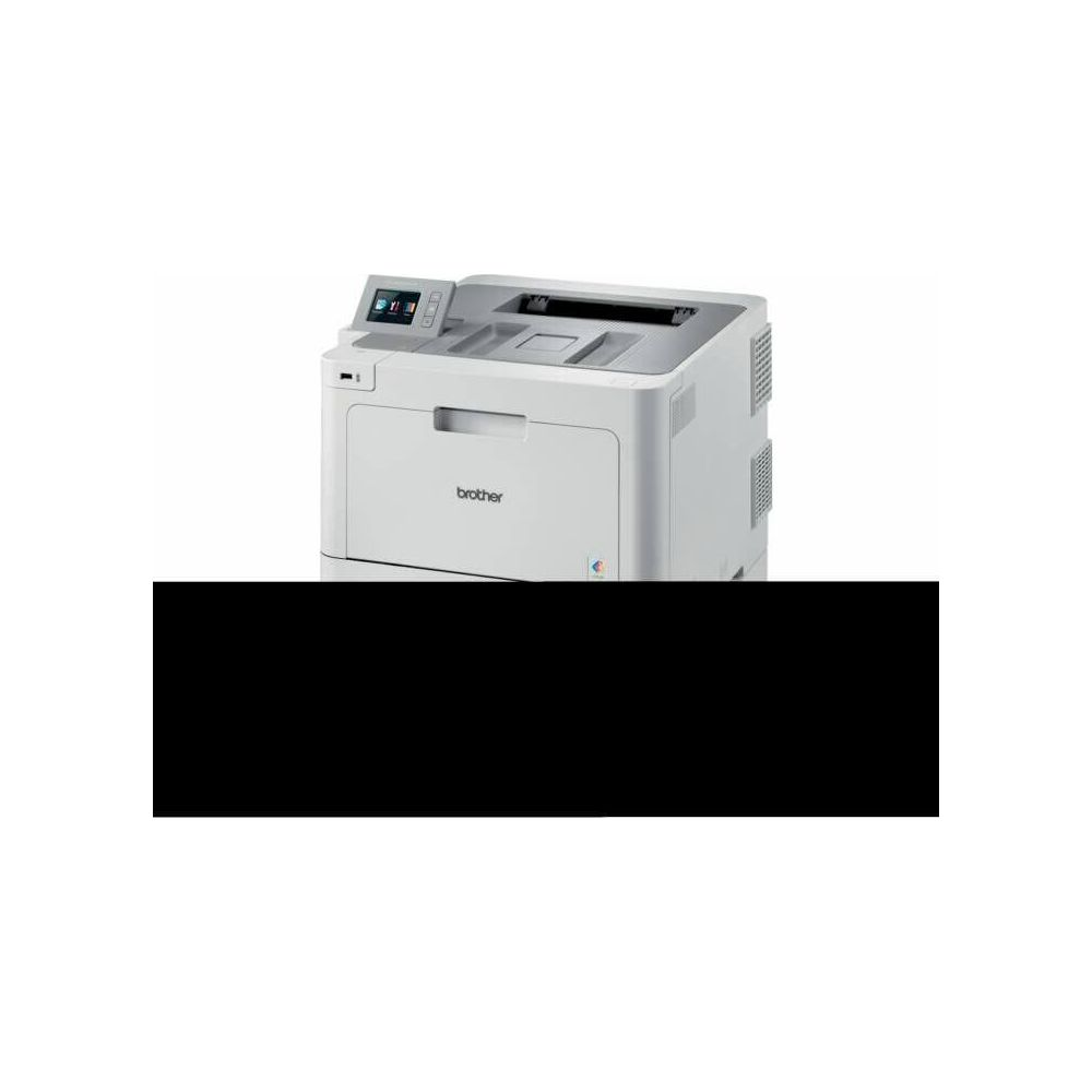 Una stampante laser Brother bianca con display touchscreen e vassoio di uscita carta.