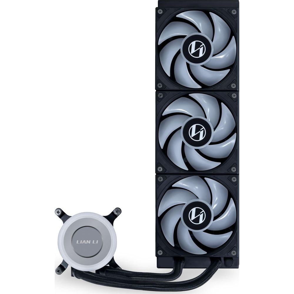Ein weißer Computerlüfter mit drei Lüftern und ein Pumpengehäuse mit silbernem Logo.