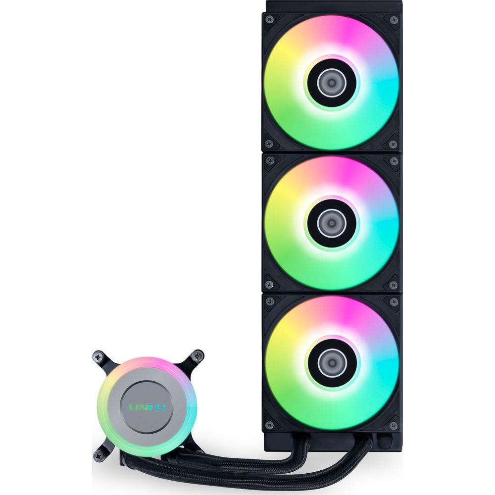 Ein CPU-Kühler mit drei RGB-Lüftern und einer runden Pumpe.