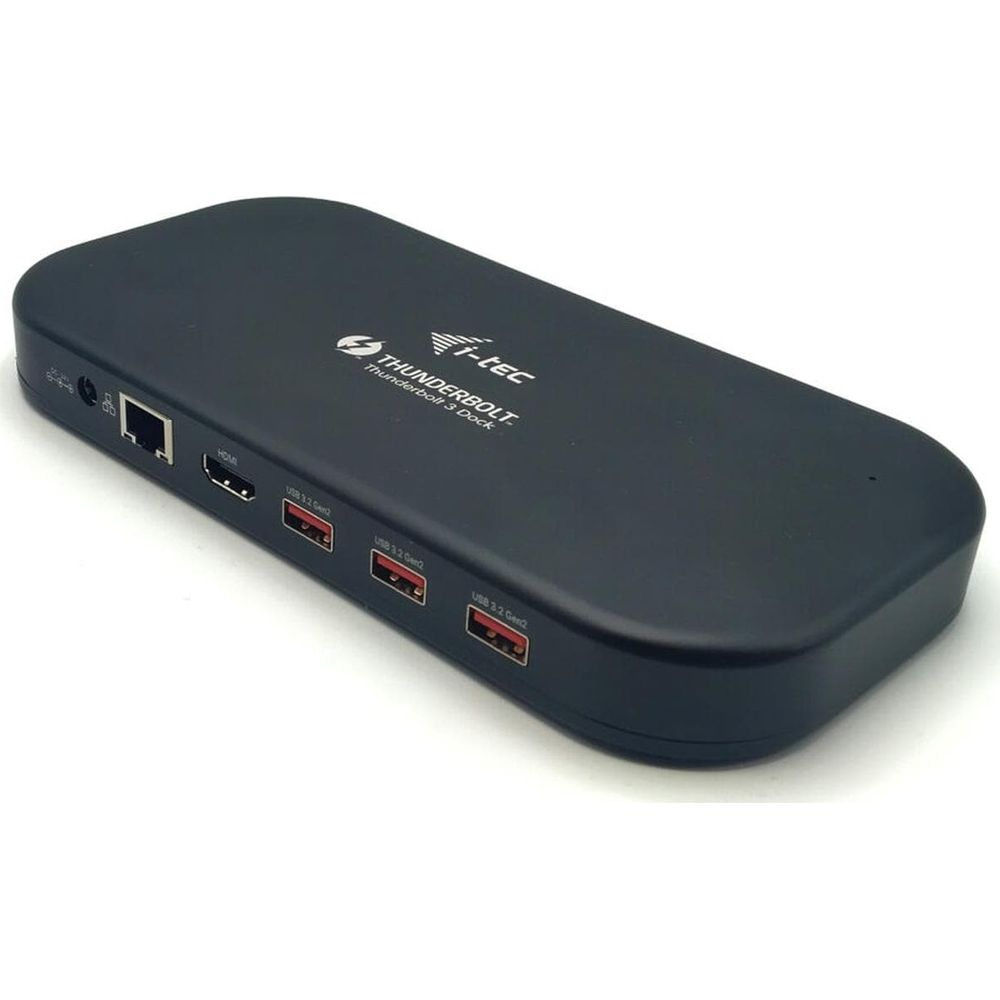 Station d'accueil noire Thunderbolt 3 avec ports USB, HDMI et Ethernet.