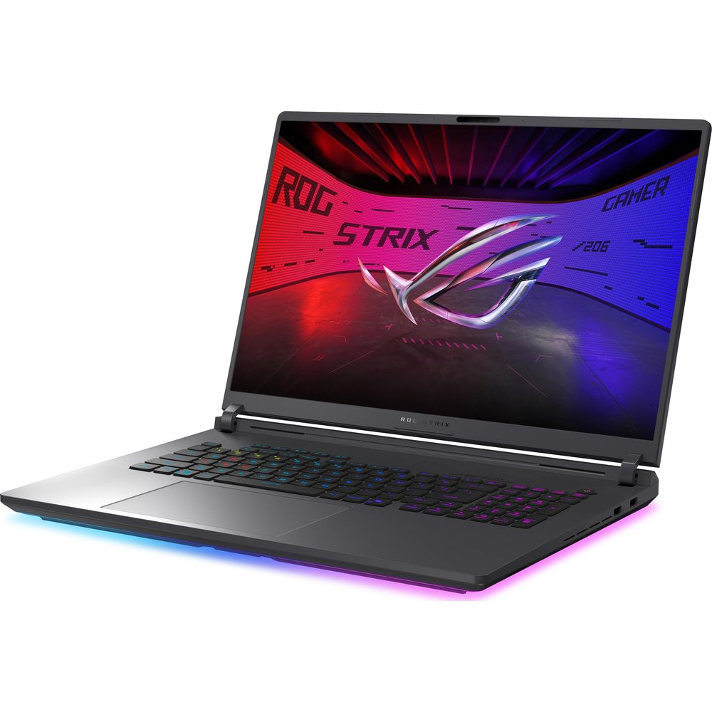 Schwarzer Gaming-Laptop mit beleuchteter Tastatur und ROG Strix Logo auf dem Bildschirm.
