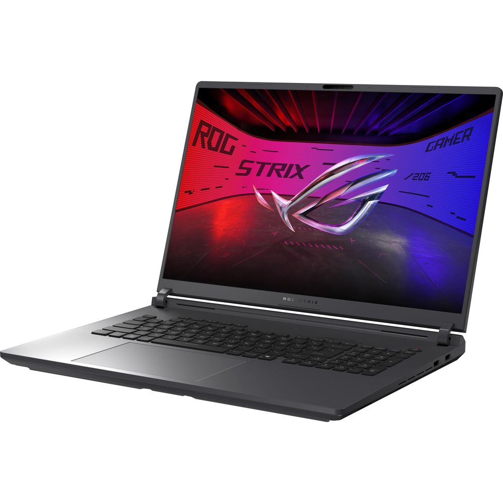 Schwarzer Laptop mit beleuchtetem ROG Strix-Logo auf dem Bildschirm.
