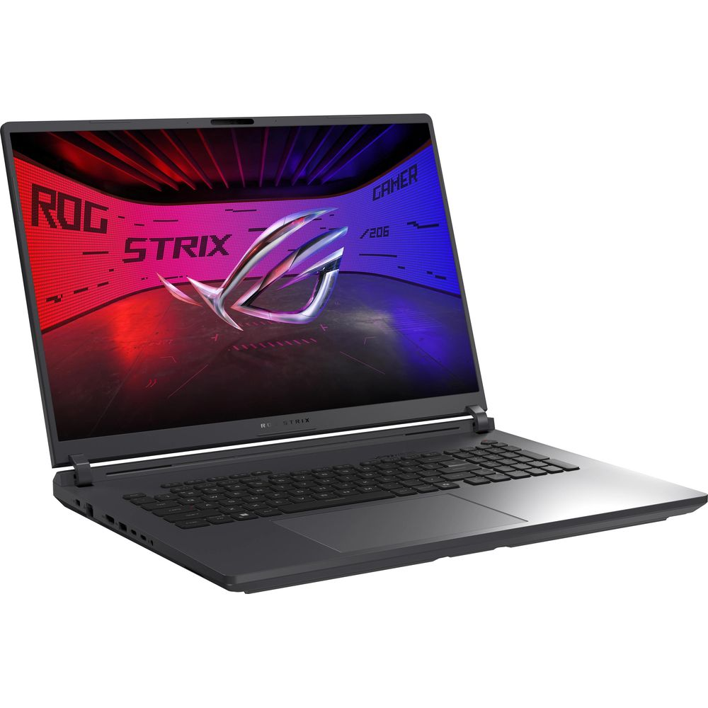 Ein schwarzer Laptop mit beleuchtetem ROG Strix-Logo auf dem Bildschirm.