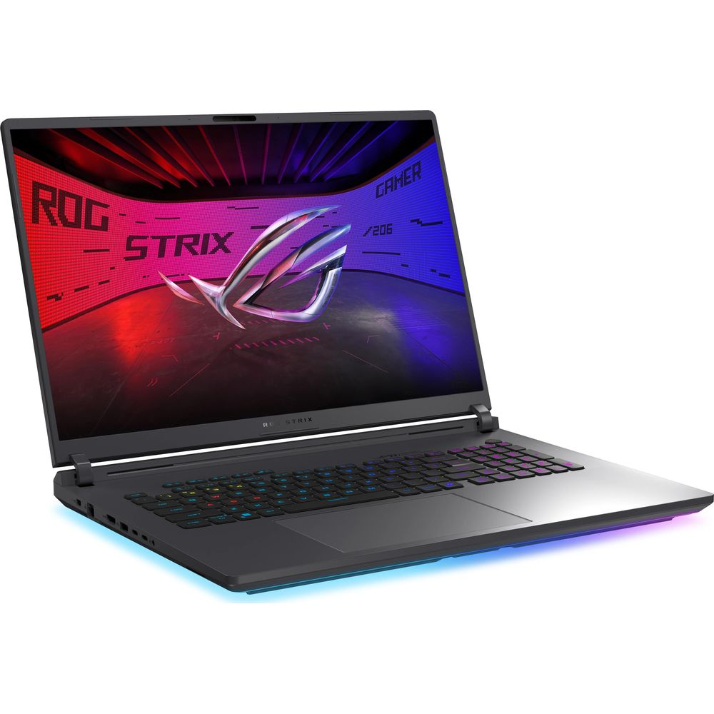 Ein geöffneter Laptop mit leuchtender Tastatur und Logo auf dem Bildschirm.