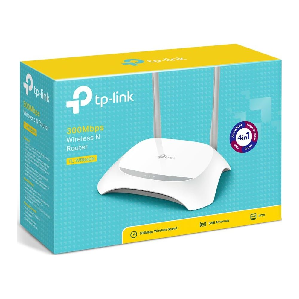 Routeur TP-Link TL-WR840N avec Wireless N 300Mbps sur boîte bleue.