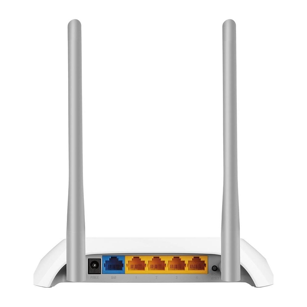 Un routeur blanc avec deux antennes et des ports pour l'alimentation, WAN et LAN.