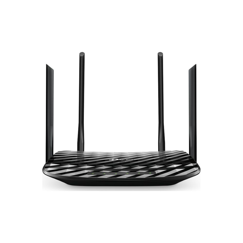 Routeur TP-Link noir avec dessus à motifs et quatre antennes.