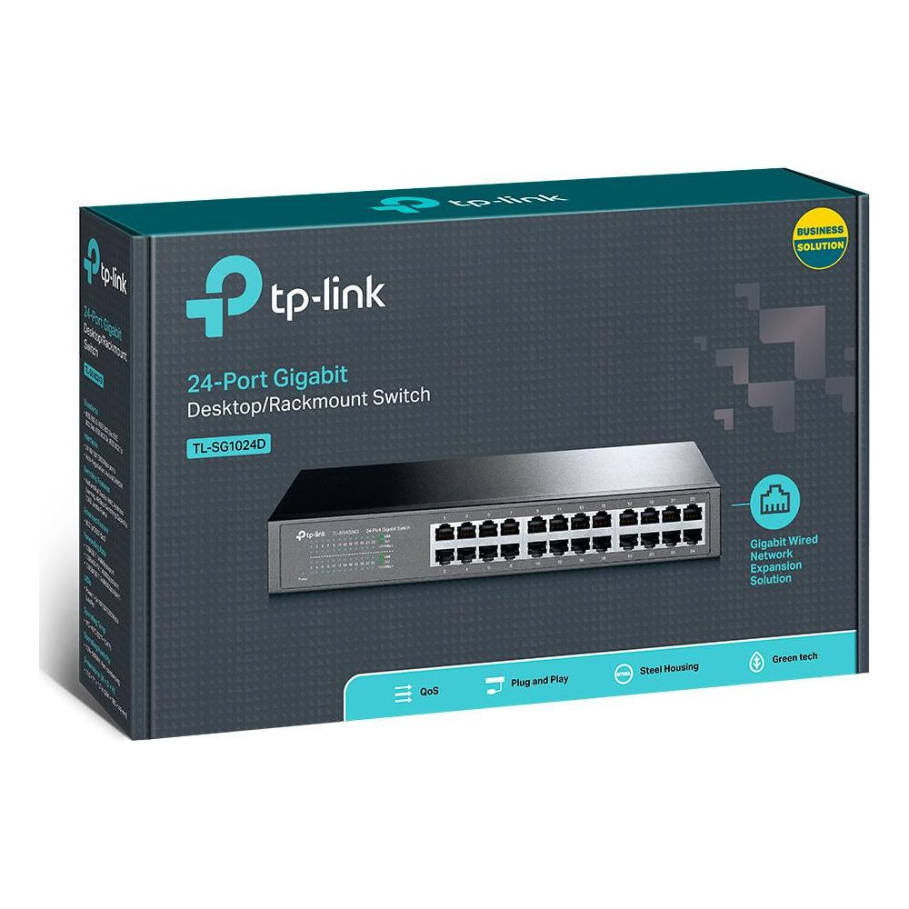 TP-Link 24-Port Gigabit Desktop/Rackmount Switch TL-SG1024D auf dunklem Karton.