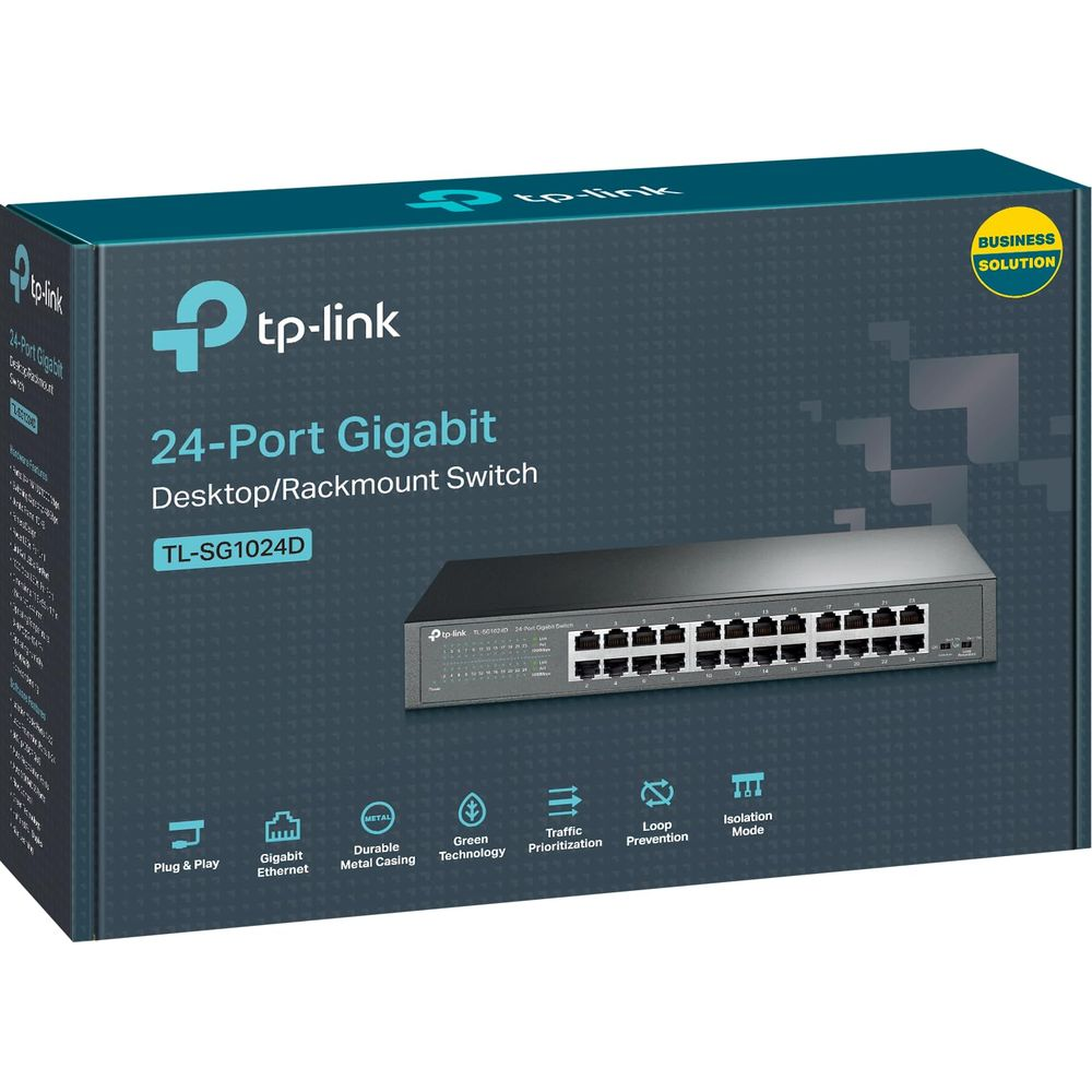 TP-Link 24-Port Gigabit Desktop/Rackmount Switch TL-SG1024D auf dunklem Karton.