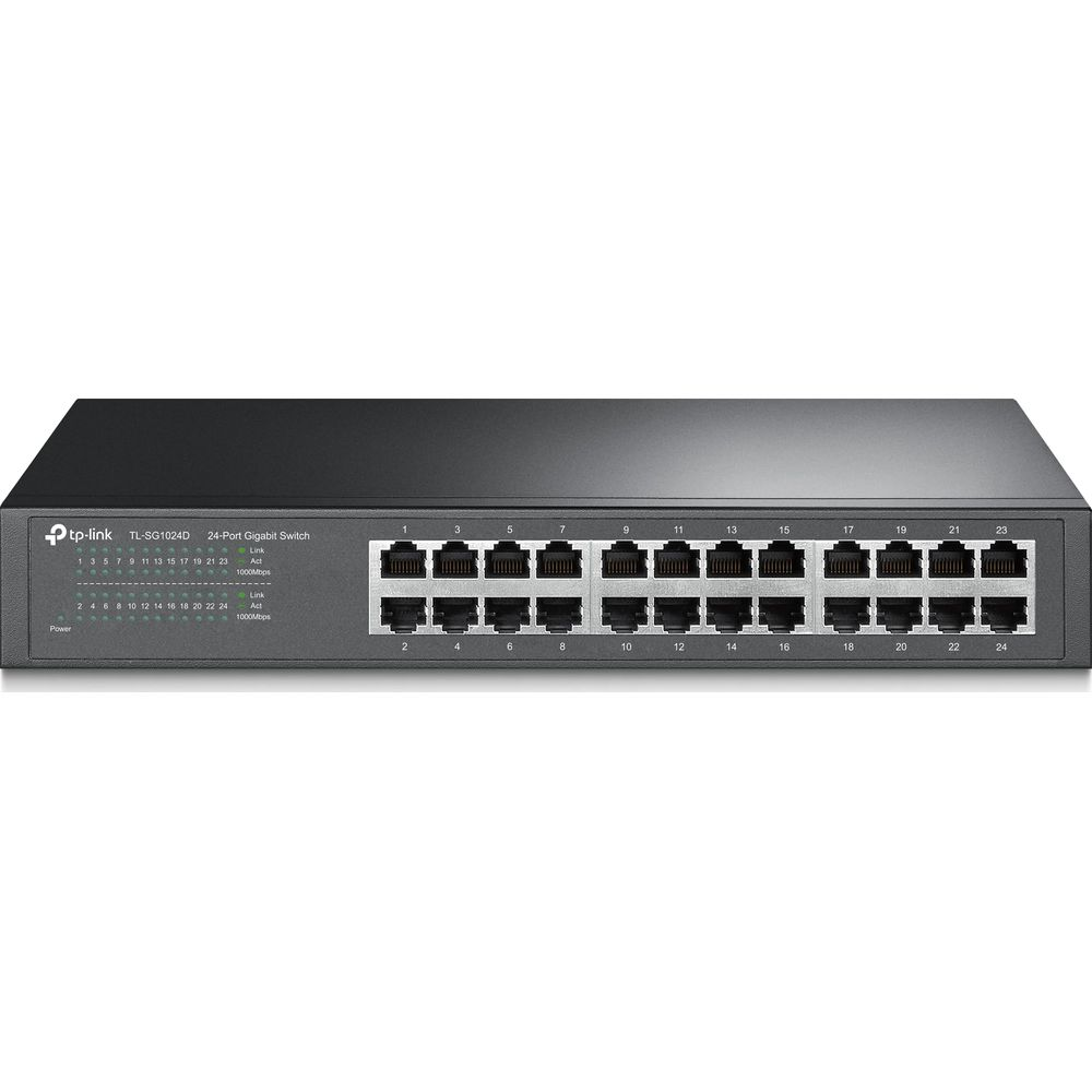 Ein schwarzer TP-Link 24-Port Gigabit Switch mit vielen Ethernet-Anschlüssen.