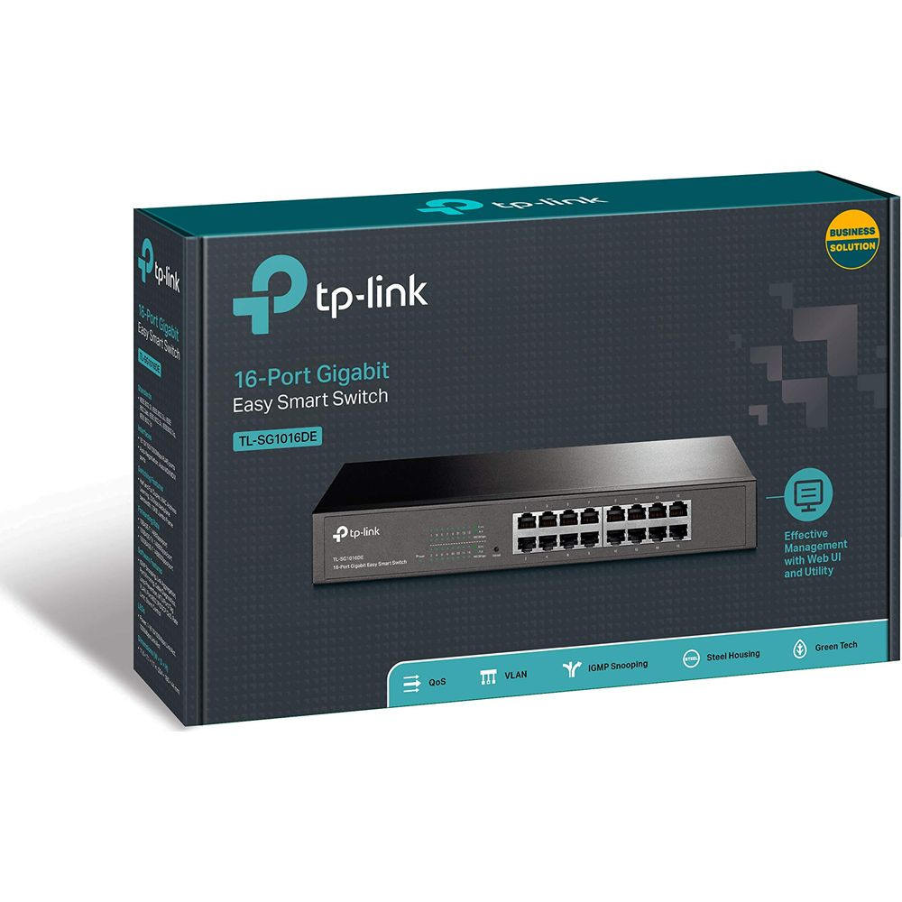 TP-Link 16-Port Gigabit Smart Switch auf dunkler Verpackung.