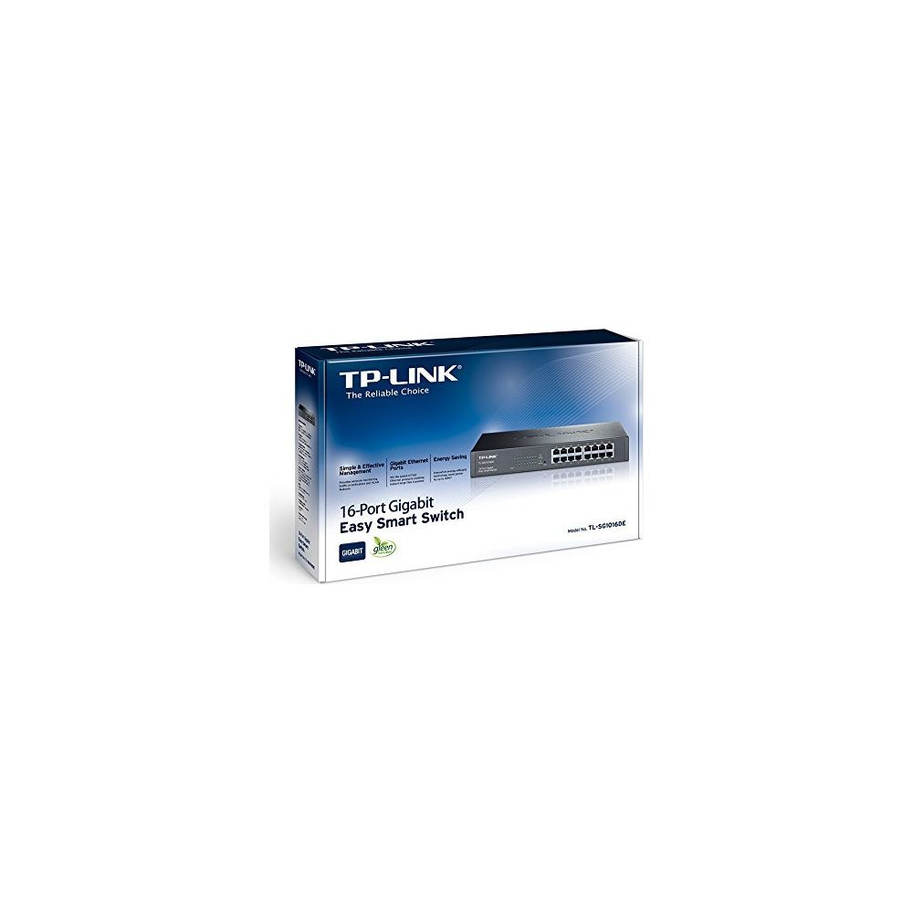 TP-Link 16-Port Gigabit Easy Smart Switch Box mit Bild des Switches.