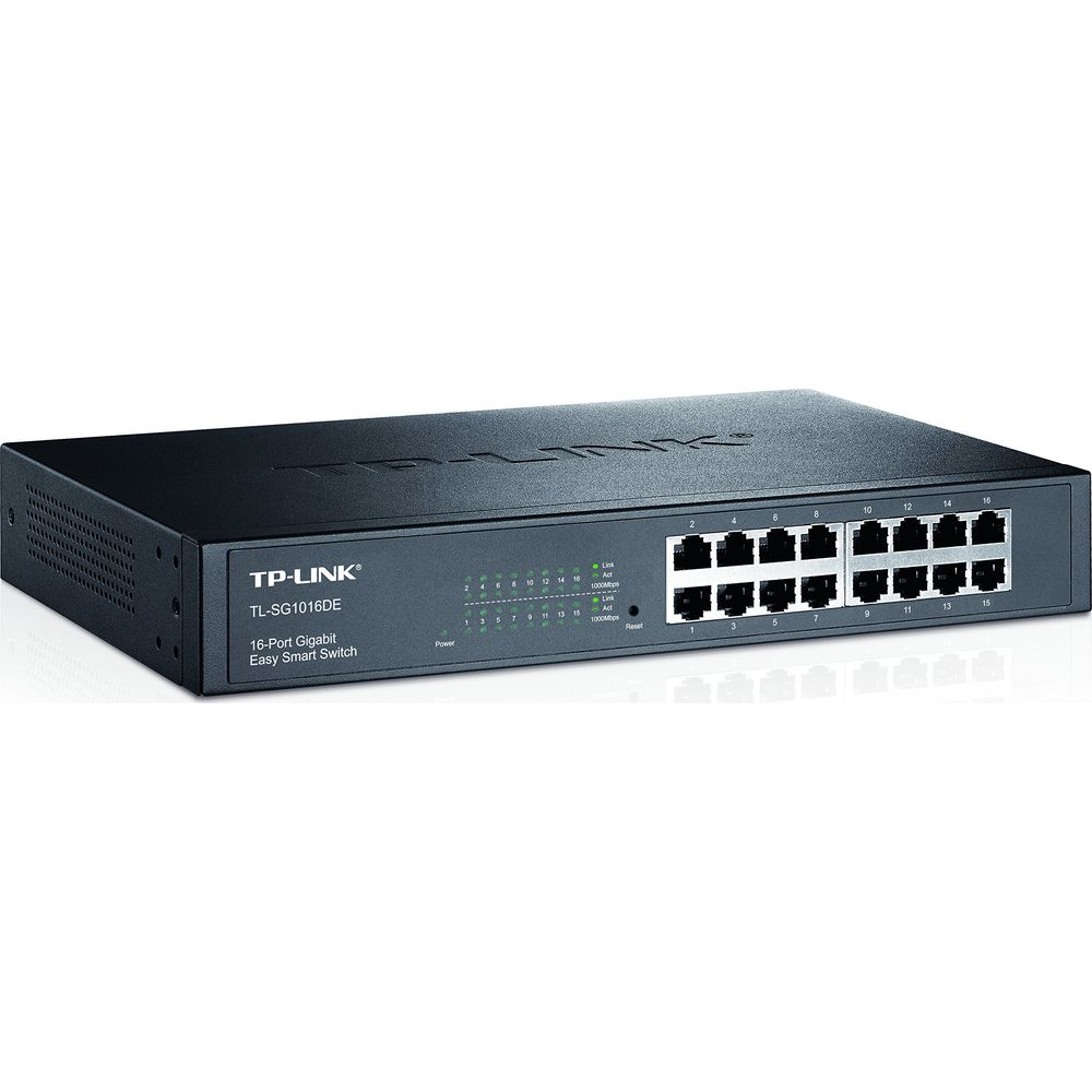 Schwarzer 16-Port Gigabit Switch mit blauen und grünen LEDs und Anschlüssen.