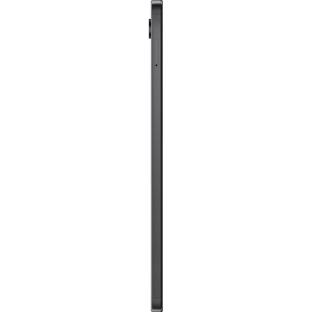 Tablet grigio su sfondo bianco, vista laterale con lenti della fotocamera.