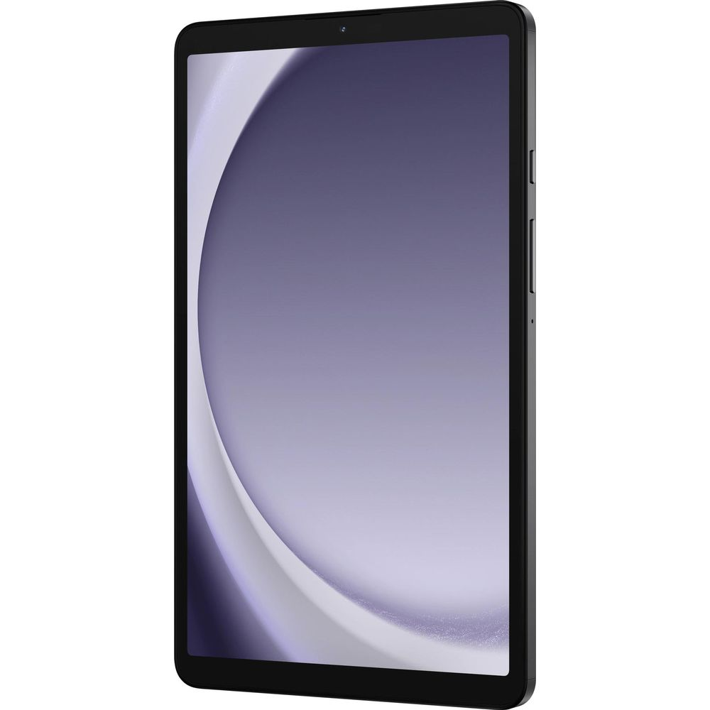 Un tablet nero mostra uno sfondo viola e bianco. È mostrato di sbieco.