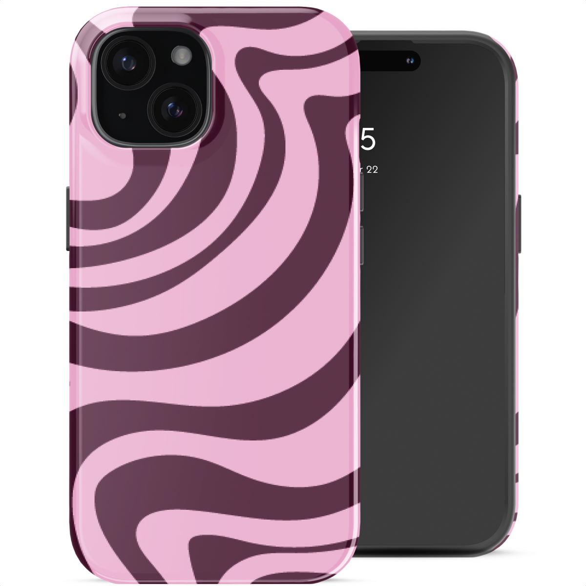 Een roze telefoonhoes met donkere wervelingen en een zwarte telefoon.