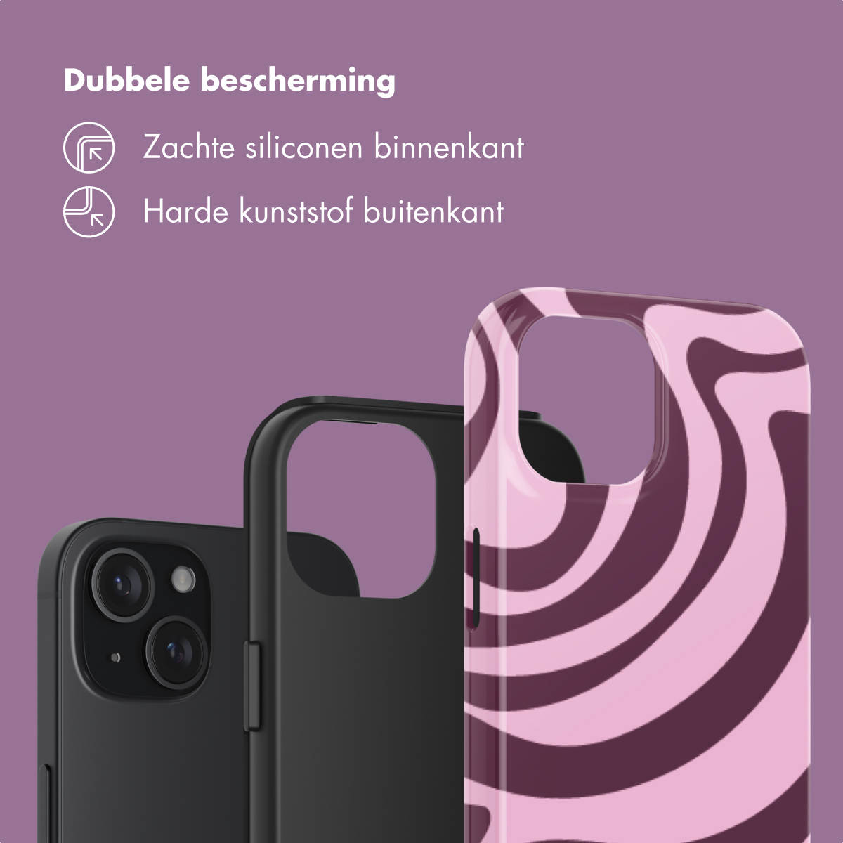 Drie telefoonhoesjes: zwart, zwart en roze met patroon.