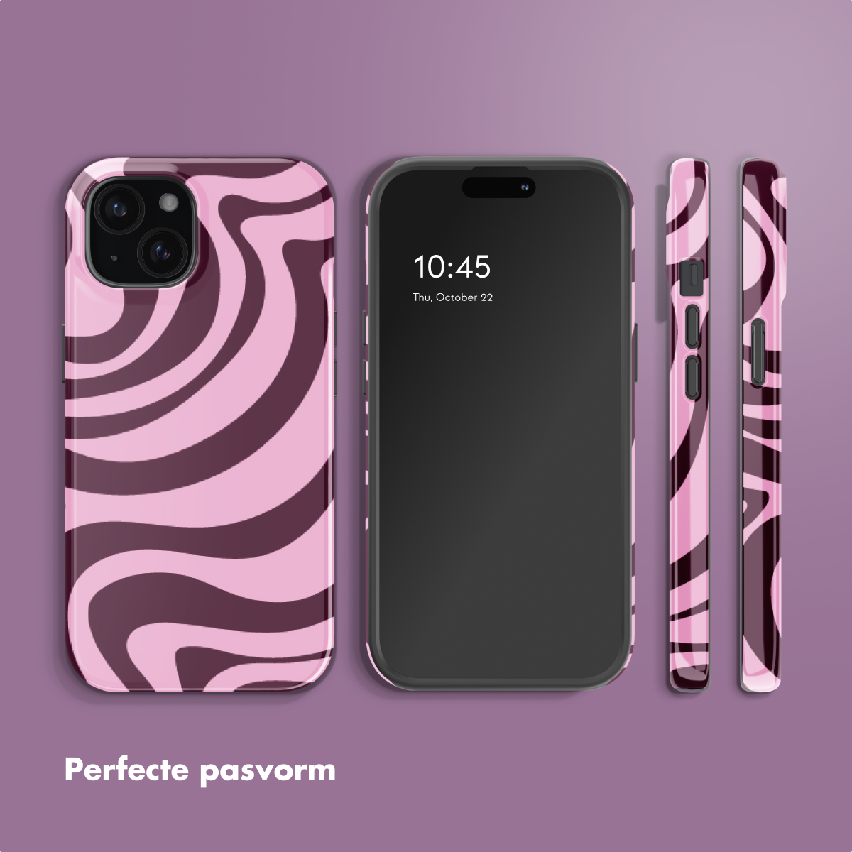 Roze en donkere telefoonhoesjes met abstract patroon, één op een telefoon.
