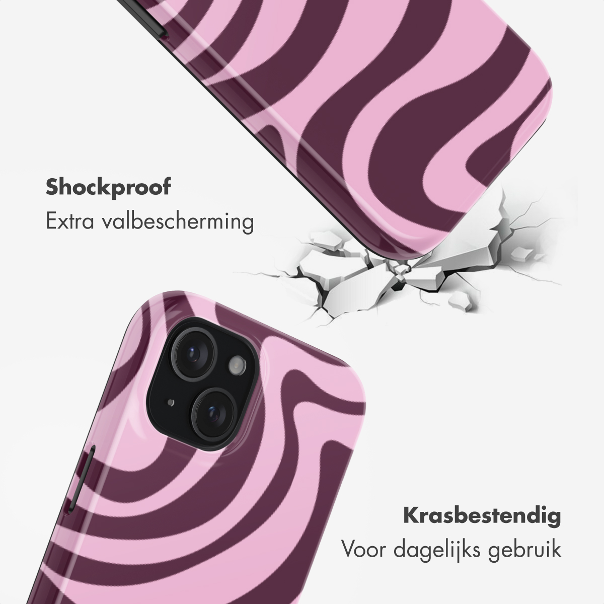 Paarse en roze telefoonhoes met golvend patroon valt op gebroken grond.