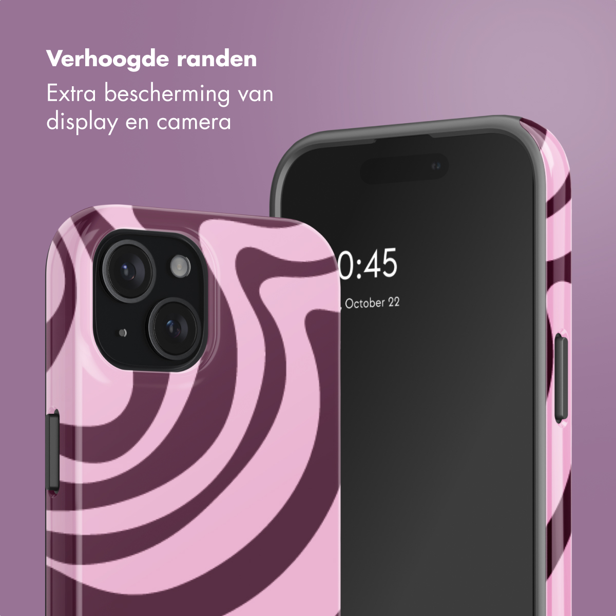 Roze en paarse telefoonhoes met golvend patroon, naast een smartphone.