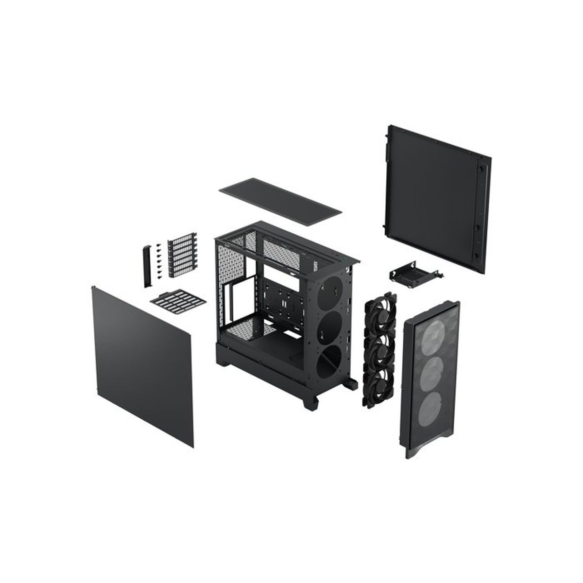 Vista esplosa di un case PC nero con ventole e componenti.
