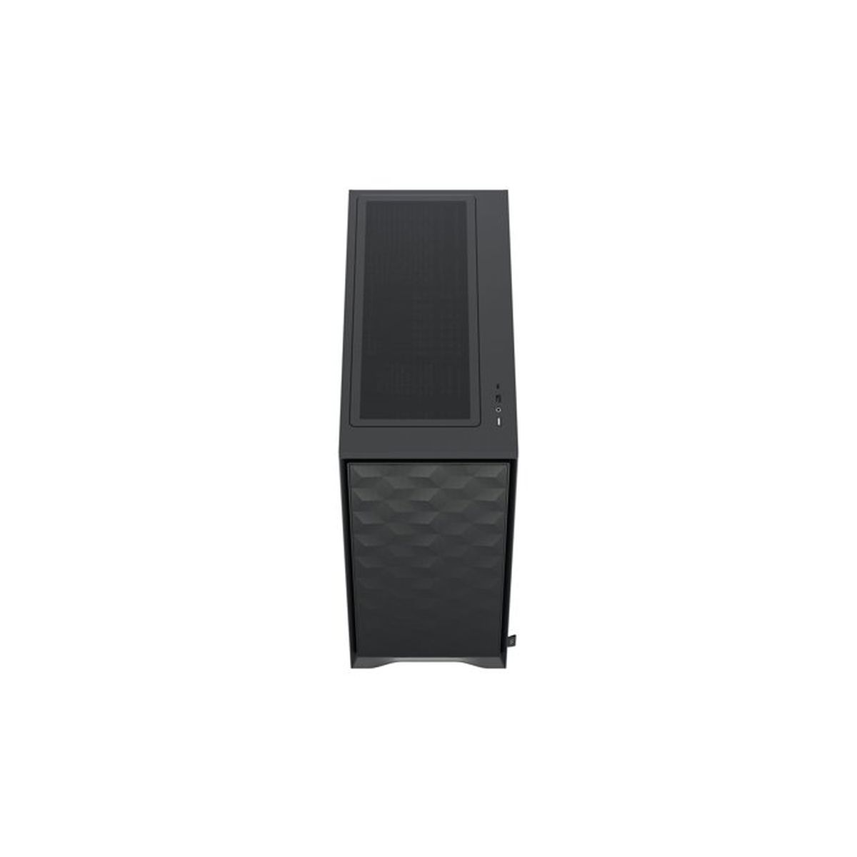Case per computer nero con parte superiore perforata e pannello frontale geometrico.