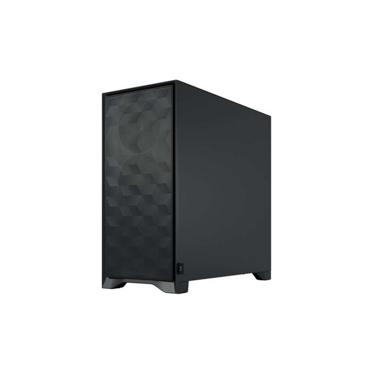 Un case per computer nero con motivo geometrico sul pannello frontale.