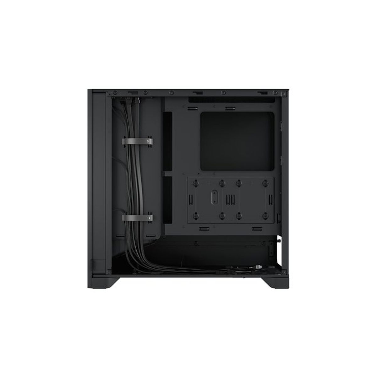 Retro di un case per computer nero con gestione cavi.