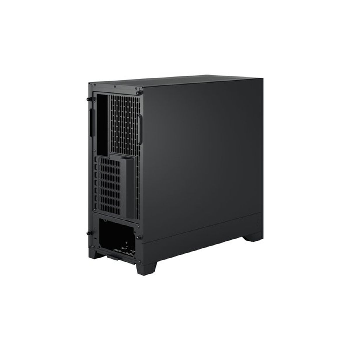 Case del computer nero con fessure di ventilazione e porte sul pannello posteriore.