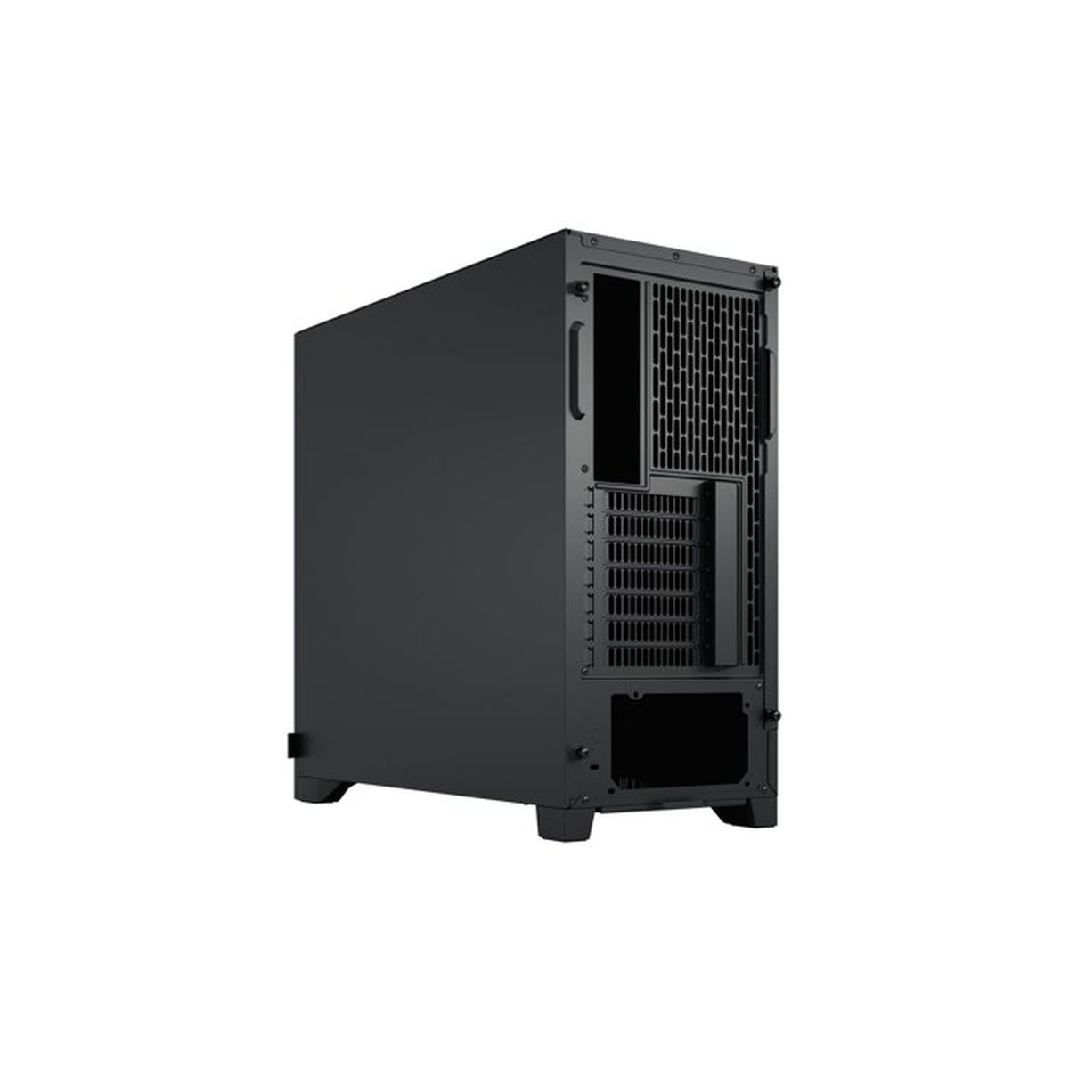 Un case per computer nero visto da dietro, con prese d'aria e porte.